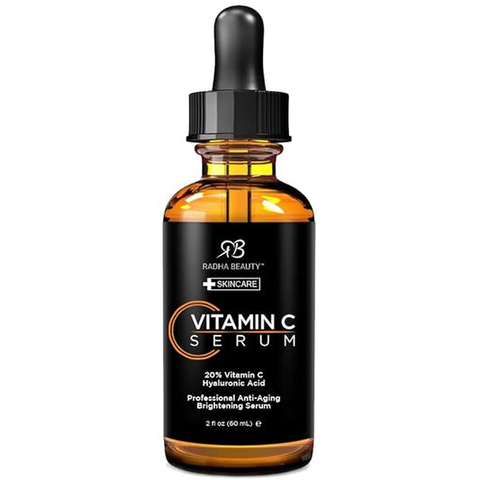 Radha Beauty Natural Vitamin C Serum 2oz, Vitamin C, Vitamin E, Hyaluronic Acid and Aloe, Facial Serum for Anti-Aging Wrinkles, Dark Spots, Fine Lines