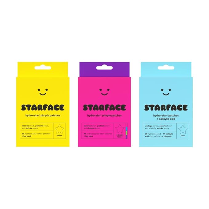 Starface World Hydro-Star Hydrocolloid Pimple Patches Big Pack (96 ct), Party Pack Colorful Hydrocolloid Pimple Patches Big Pack (96 ct), and Hydro-Star + Salicylic Acid Patches Big Pack (96 ct)