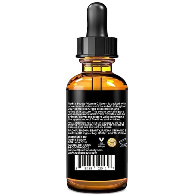 Radha Beauty Natural Vitamin C Serum 2oz, Vitamin C, Vitamin E, Hyaluronic Acid and Aloe, Facial Serum for Anti-Aging Wrinkles, Dark Spots, Fine Lines