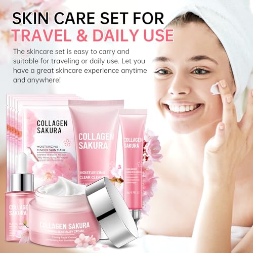 Sakura Skin Care Set for Teen Girls, 10-In-1 Travel Skin Care Kits with Collagen, Hydrates & Soothes, Cherry Blossom Skincare Gift Set for Teens & Women, Moisturize & Repair Skin, Daily Skin Care