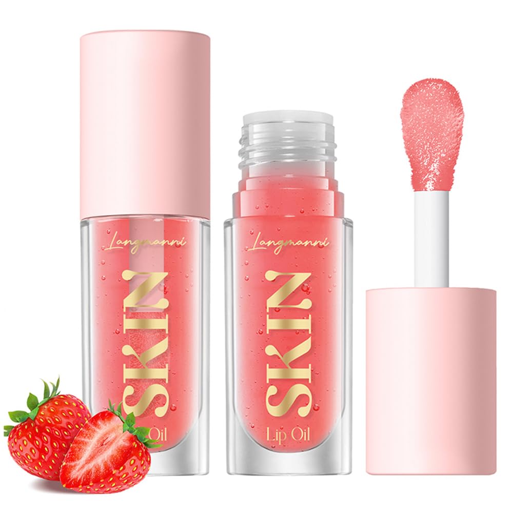 BANGFENG Big Brush Head Lip Glow Oil Plumping Tint, Tinted Lip Balm Transparent Lip Care, Moisturizing Non-sticky Fresh Shiny Texture Lip Oil - Strawberry (Pink)