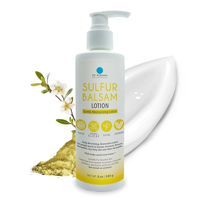 Dr. Robaina Sulfur Balsam Lotion – Lightweight Moisturizer for Dry, Flaky & Itchy Skin – Calms Redness, Supports Skin Barrier & Locks Hydration – Shea Butter & Tea Tree – 8 fl oz, USA Made