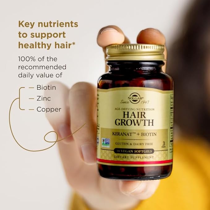 Solgar Hair Growth Supplement for Thicker Fuller Hair with Keranat Oil, Biotin, Zinc and Copper, Hair Health Supplement, Age-Defying Nutrition for Men and Women, 30 Servings