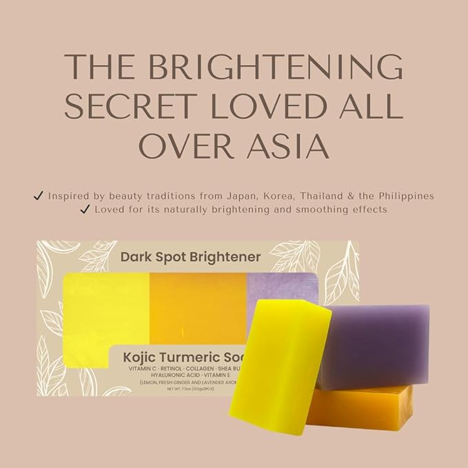 Organic To Green Kojic Turmeric Soap for Dark Spots - Infused with Hyaluronic Acid, Retinol, Vitamin E, Shea Butter, Collagen (3 Pack - Lemon, Fresh Ginger, and Lavender Scent)