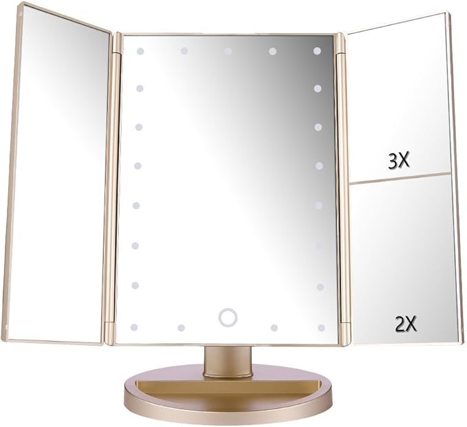 deweisn Floor Mount Tri-Fold Lighted Vanity Mirror with 21 LED Lights, Touch Screen and 3X/2X/1X Magnification, Two Power Supply Modes Make Up Mirror,Travel Mirror