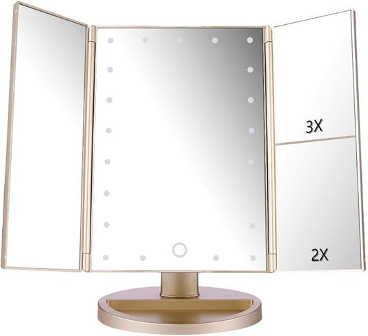 deweisn Floor Mount Tri-Fold Lighted Vanity Mirror with 21 LED Lights, Touch Screen and 3X/2X/1X Magnification, Two Power Supply Modes Make Up Mirror,Travel Mirror