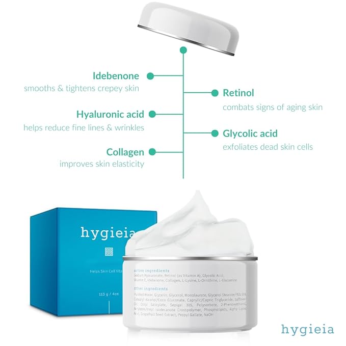 Hygieia Crepey Skin Liposomal Repair Cream – Anti-Aging Crepe Corrector Lotion for Loose Skin (Arms, Neck & Body) & Wrinkles – Retinol & Hyaluronic Acid Firming Cream with Idebenone – Made in USA, 4oz