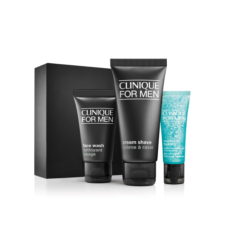 Clinique For Men Starter Kit Set For Daily Intense Hydration | Face Wash, Cream Shave, Maximum Hydrator Activated Water Gel Concentrate
