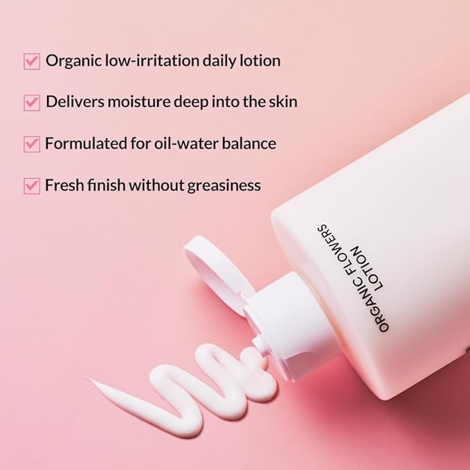 Whamisa Organic Flowers Double Rich Lotion, 95.2% Organic, Waterless Formula, Fermented Postbiotic for Deep Hydration & Soothing, Moisturizing (200ml)
