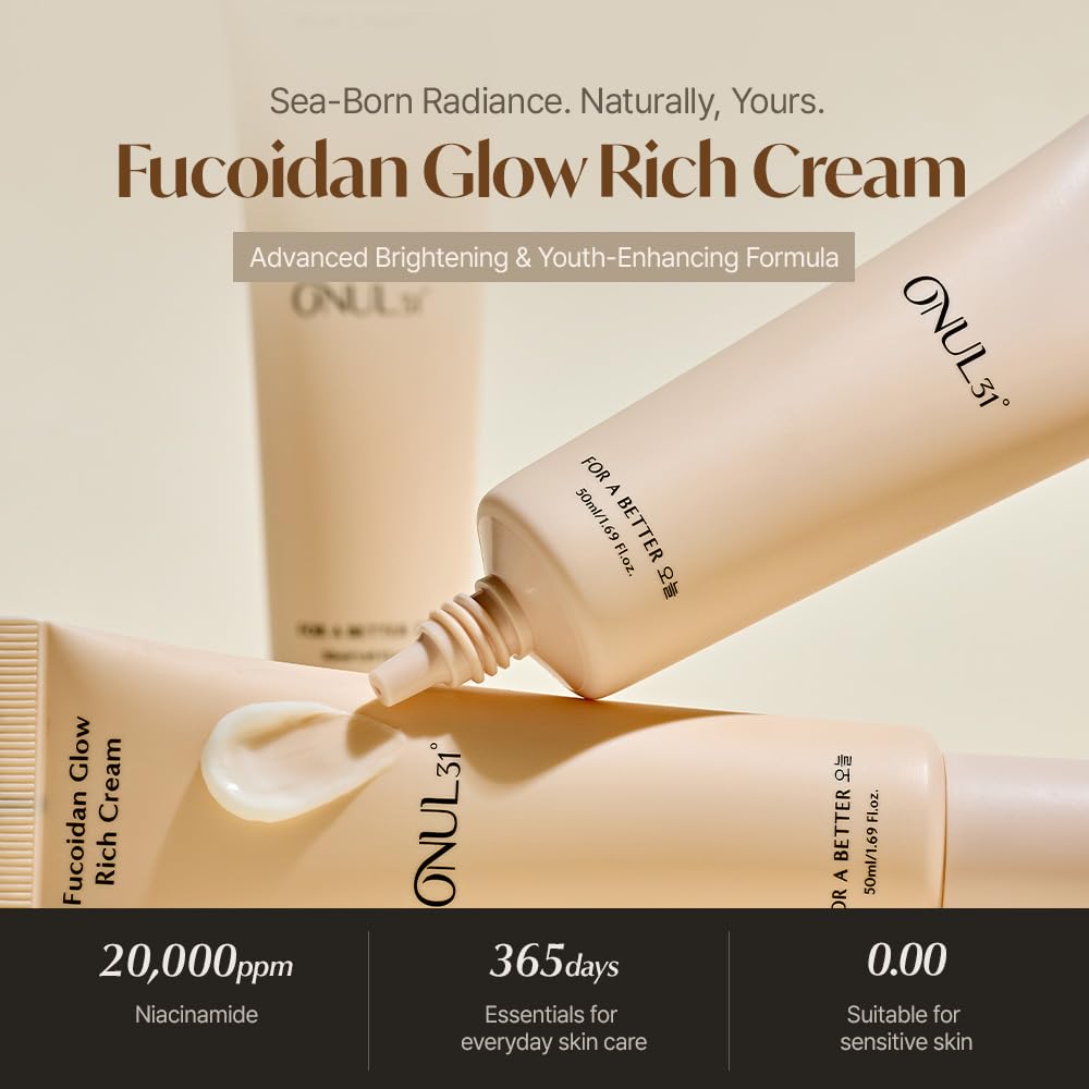 ONUL31° Fucoidan Glow Rich Cream—Daily Face Moisturizer with Niacinamide & Plant-based ingredients for Dry Sensitive Skin | Korean Skincare 1.69 fl. Oz