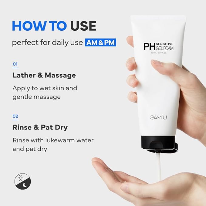 SAM'U PH Sensitive Gel Foam Cleanser | Korean Hydrating Face Wash with Hyaluronic Acid & Centella | Gentle Facial Cleanser for Dry & Sensitive Skin (5.07 Fl. Oz.)