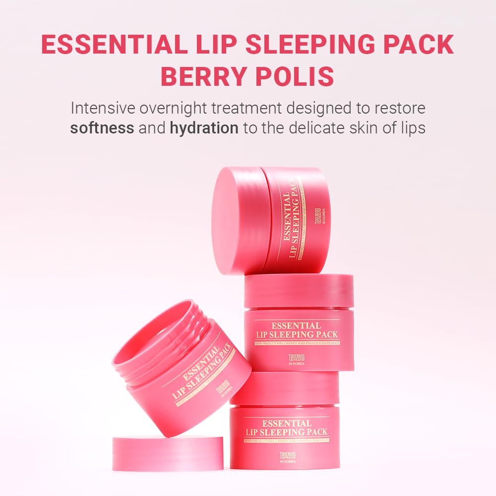 TENZERO Essential Lip Sleeping Pack Berry Polis 15g, Pink Lip Sleeping Mask, Improve Lip Texture, Highly Hydrating, Nourishing, Overnight Treatment Lip Balm, Suitable For All Skin Type