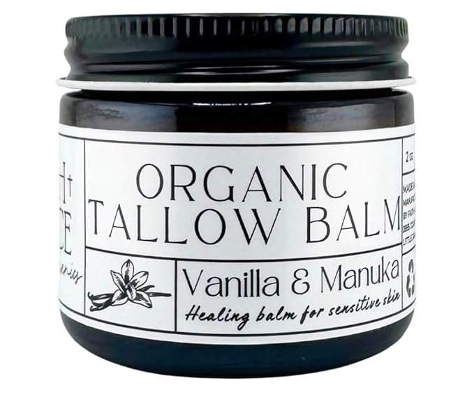 Organic Tallow Balm, Vanilla and Manuka Honey, All-purpose Moisturizer, Safe for sensitive skin, Healing balm, 2 oz glass jar