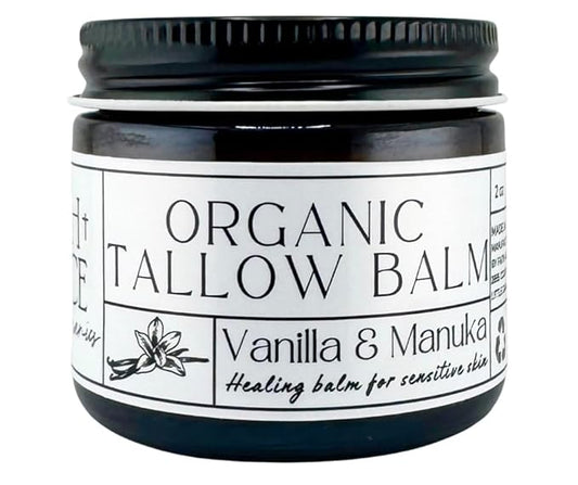Organic Tallow Balm, Vanilla and Manuka Honey, All-purpose Moisturizer, Safe for sensitive skin, Healing balm, 2 oz glass jar