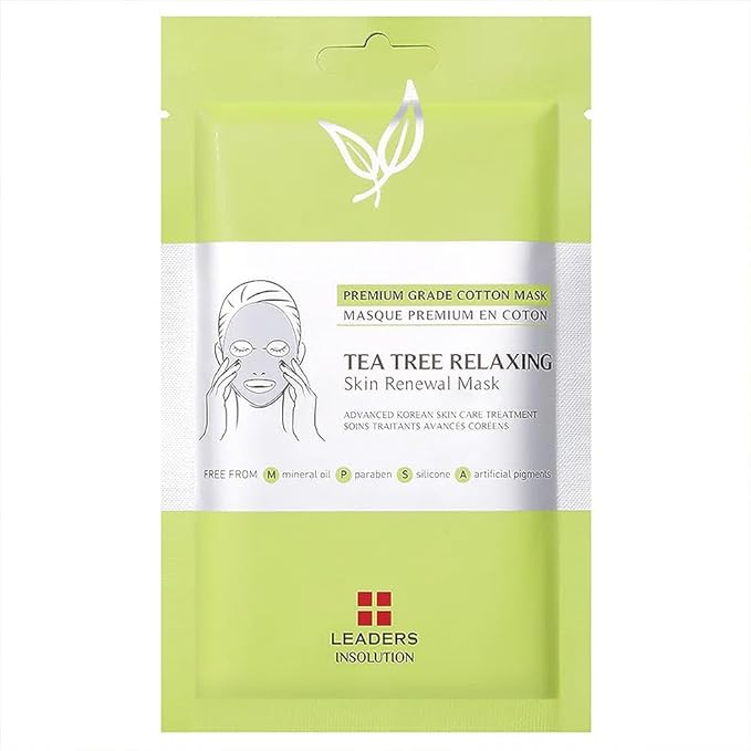 Leaders Insolution Tea Tree Relaxing Skin Renewal Mask | Soothing Facial Sheet for Acne, Oil Control, and Sensitive Skin | Hydrating Botanicals | Calms Redness, Smooth (5 Sheets)