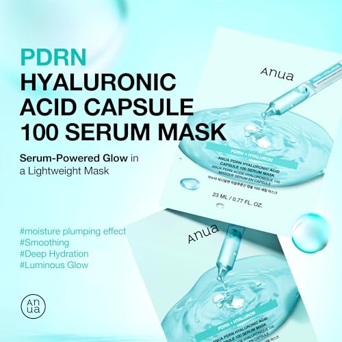 ANUA PDRN Hyaluronic Acid Capsule 100 Serum Mask, everyday glow korean sheet mask with Salmon PDRN, Hyaluronic acid, Collagen, Self home care facial mask for glass skin, Korean skin care (10EA)