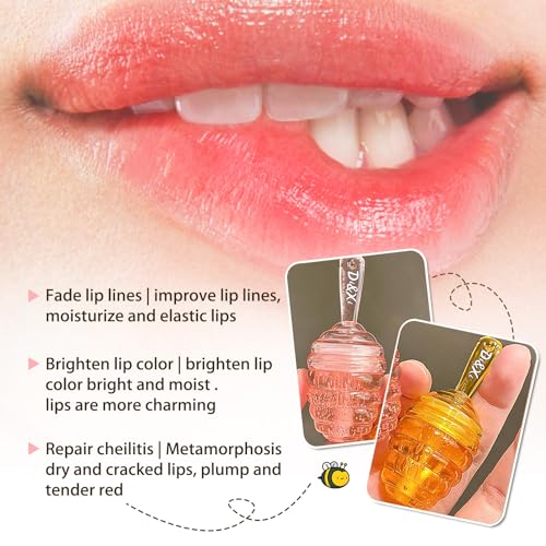 2 PCS Moisturizing Honey Pot Lip Oil Lip Gloss, Natural Honey Sleeping Lip Mask, Lip Balm, Hydrating & Prevention Dry & Cracked Lip Scrubs Exfoliator, Winter Lip Care Products(Peach+Honey)