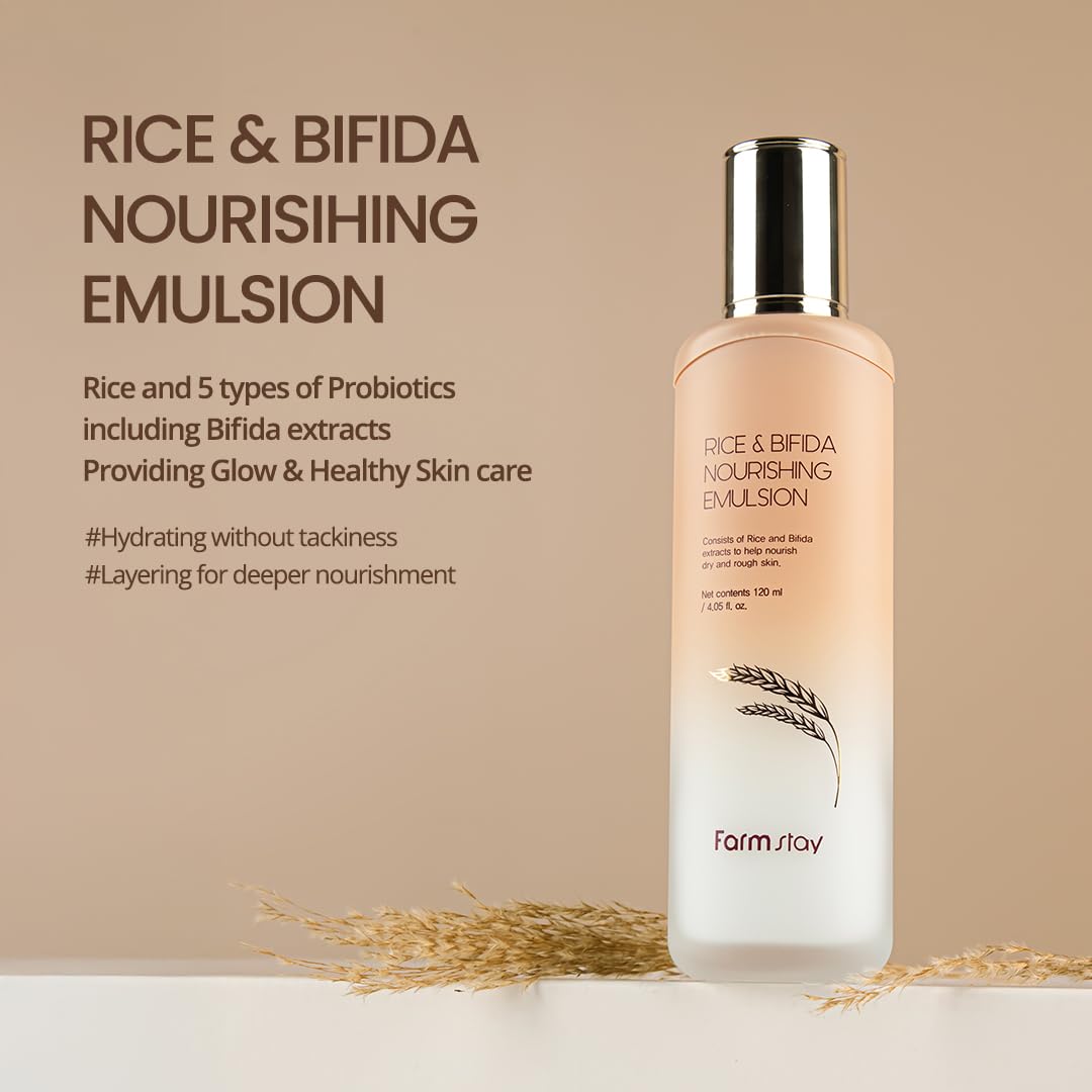 FARMSTAY Rice & Bifida Nourishing Emulsion, Dark Spots Correcting Remover with Niacinamide, Hydrating & Smoothing Rice Moisturizer for Glow Skin, for Women & Men, Korean Skin Care, 4.05 Fl. Oz.