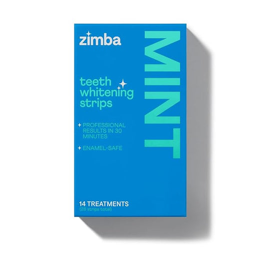 Zimba Mint Teeth Whitening Strips – 28 Vegan, Enamel-Safe Strips with Hydrogen Peroxide, 14-Day Treatment – Tooth Whitener for Coffee, Wine, Tobacco, Other Stains