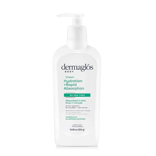 Dermaglos Moisturizing Body Cream | Hydration + Rapid Absorption, 24Hour Duration | Daily moisturizer For all Skin Types Even Sensitive | With Vitamin A, Vitamin E, Allantoin, Glycerin | 10.58 Oz