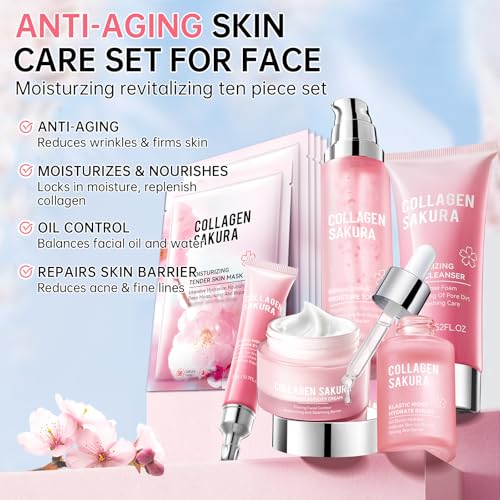 Sakura Skin Care Set for Teen Girls, 10-In-1 Travel Skin Care Kits with Collagen, Hydrates & Soothes, Cherry Blossom Skincare Gift Set for Teens & Women, Moisturize & Repair Skin, Daily Skin Care
