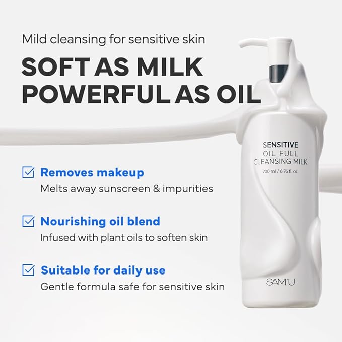 SAM'U Full Cleansing Milk, Sensitive Oil, 6.8 fl oz (200 ml), Cleansing Milk, Moisturizing, Dry Skin, Rough Skin, Pore Care, Weak Acid, Hypoallergenic, pH Balance, Korean