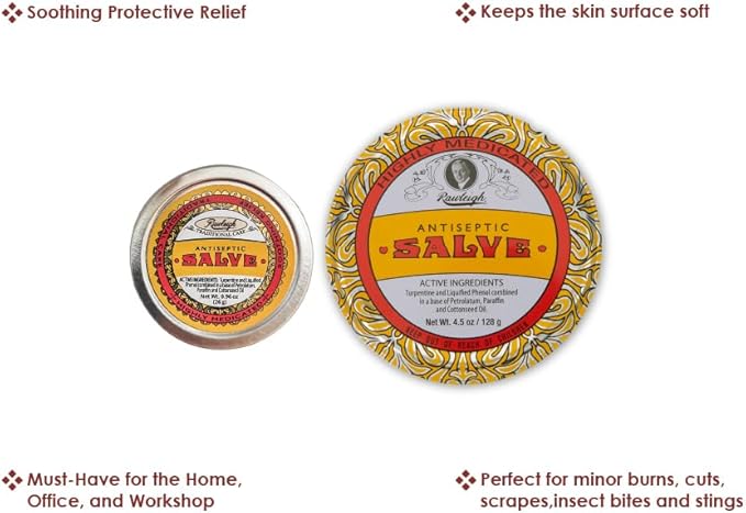 Rawleigh Antiseptic Salve Iconic Yellow Big Tin: 4.5 oz, Multi-Purpose Ointment Soothes Cuts, Bruises, Irritations, with Turpentine, Phenol, Cottonseed Oil & Paraffin, Original Formula - Pack of 12
