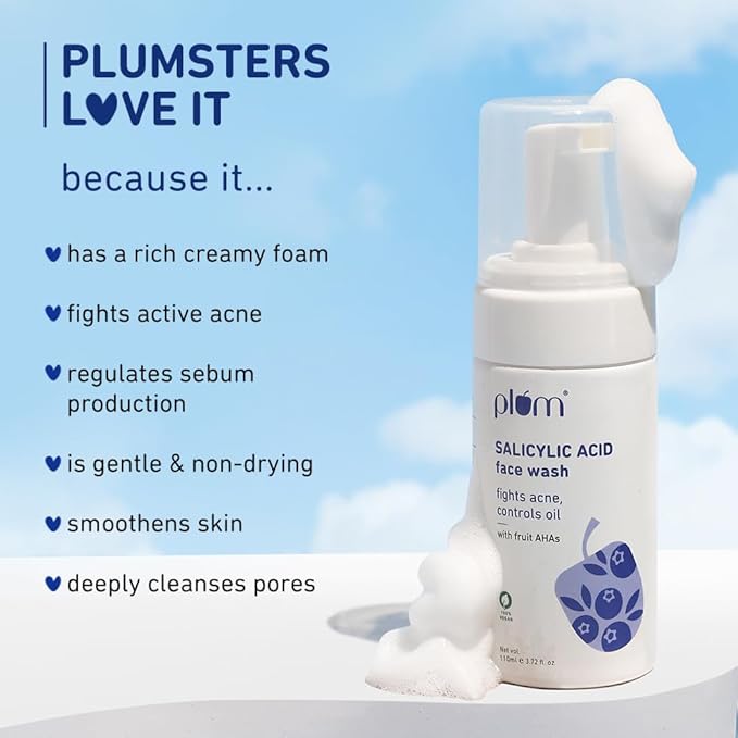 Plum 1% Encapsulated Salicylic Acid Foaming Face Wash with Glycolic Acid, Fruit AHA's & Blueberry Extracts | Fights Acne, Blackheads & Breakouts | For Men & Women | Sulphate-Free | 100% Vegan | 110 ml