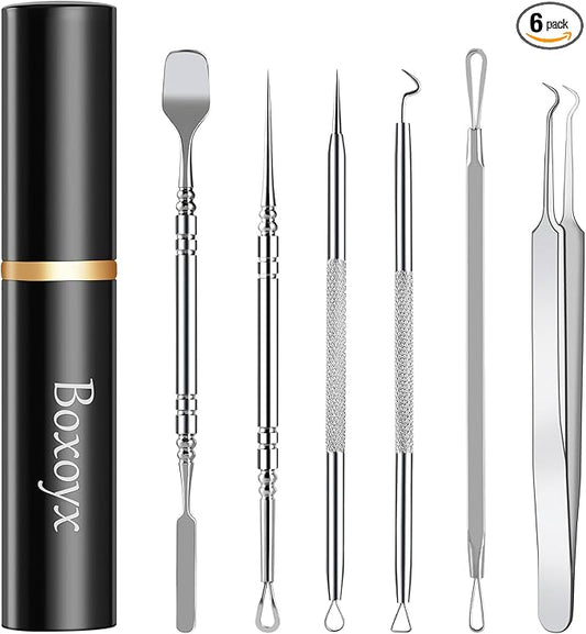Pimple Popper Tool Kit - Boxoyx 6 Pcs Pore Prep Blackhead Remover Comedone Extractor Kit with Box for Quick and Easy Removal of Pimples, Blackheads, Zit Removing, Forehead,Facial and Nose (Silver)