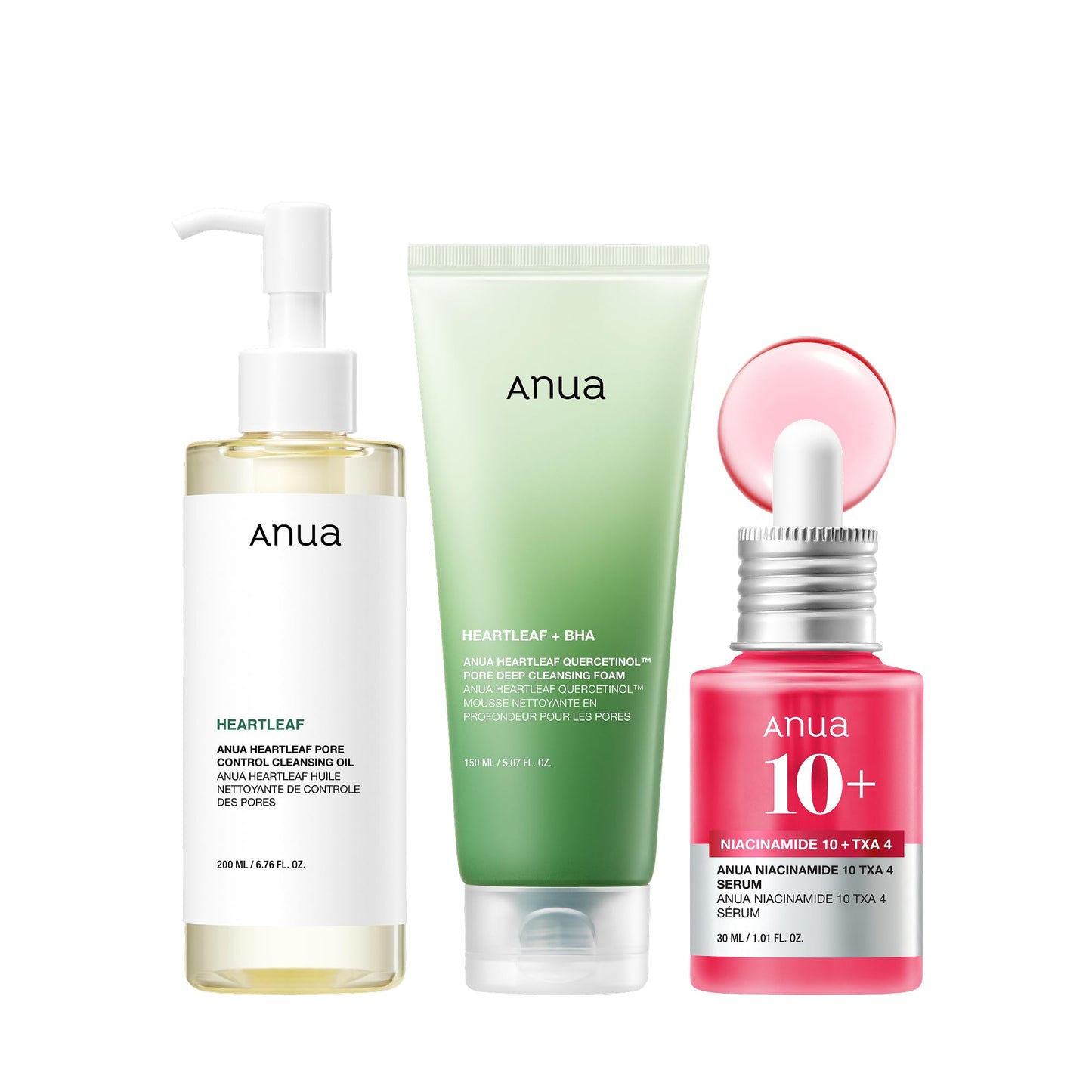 Anua 3-Step Glass Skin Beginner Set, Double Cleansing with Facial Serum, Oil Cleanser & Face Wash with Heartleaf, Daily Routine with Niacinamide, Korean Skincare Set