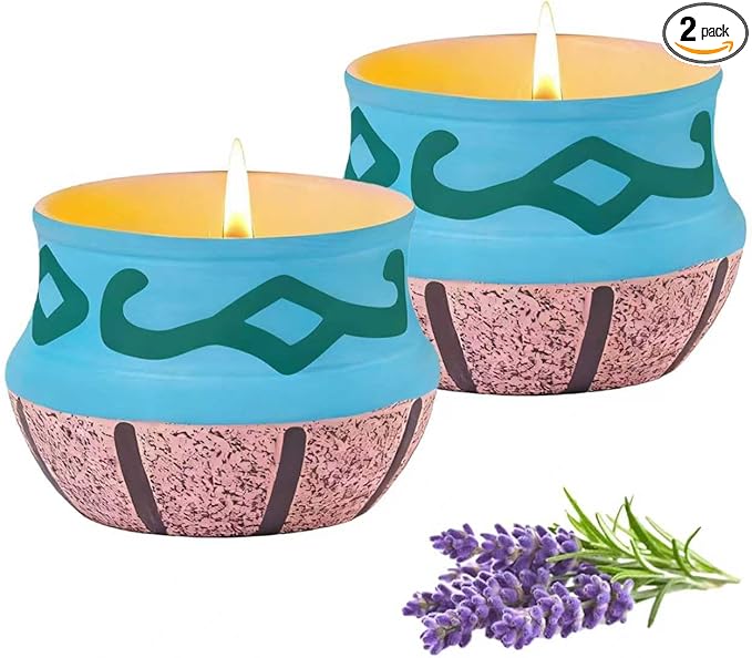 Lavender Candles, Scented Candles Gift Set for Women,Candles for Home Scented，Natural Soy Wax, Artisanal Pottery Jar,Set 2 Pack, Total 16oz, 90 Hours of Burn, One Silk Scarf