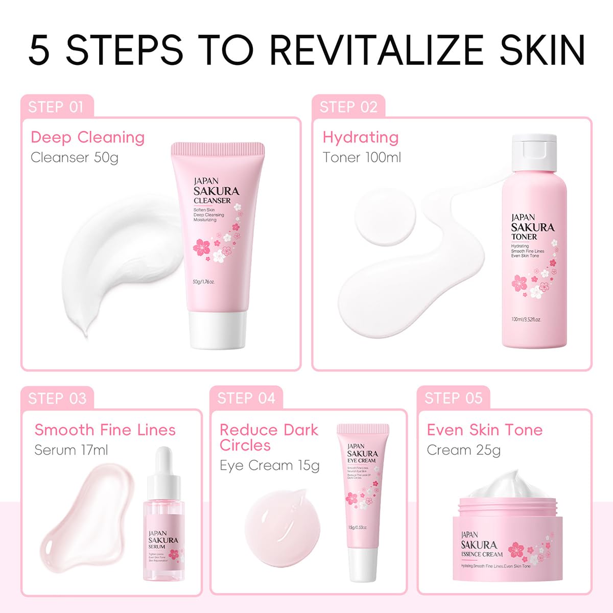 8 Pcs SakuraSkincare Set Complete Facial Care with Vitamin C, Includes Cleanser, TonerSerum, Eye Cream, Essence Cream, Sakura hairpin, Sakura hair rope, Pink octopus face wash massager