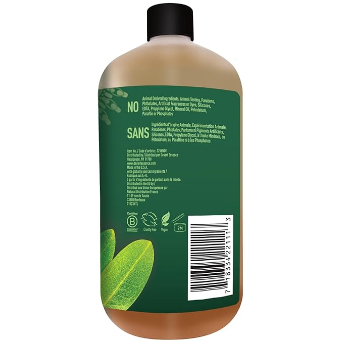 Desert Essence Thoroughly Clean Face Wash with Tea Tree Oil, Castile Soap and Coconut Oil - Organic Facial Cleanser for Sensitive and Oily Skin, Vegan & Cruelty-Free, 32 fl oz