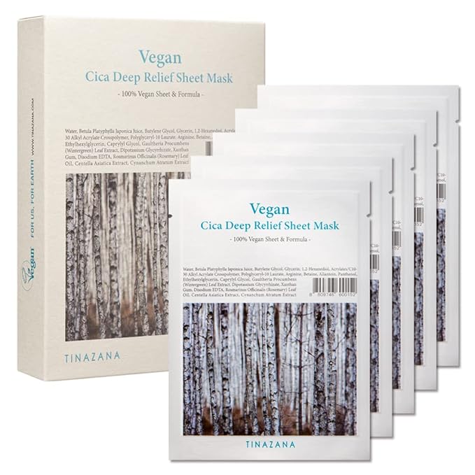 Vegan Cica Deep Relief Sheet Mask | Essence Full Face Facial Mask Sheet, Sensitive Dry Skin, Soothing, 100% Vegan Formula, Birch Sap, Panthenol, All Green EWG, Microfiber Sheet Korean Face Mask Set for Women, Men, 0.84Oz (25ml)