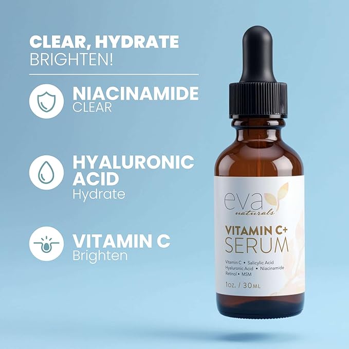 Eva Naturals Vitamin C+ Serum for Face – Anti Aging Dark Spot Remover with Retinol, Hyaluronic Acid, Niacinamide & Salicylic Acid – Face Serum for Women for Clear, Smooth, Radiant Skin