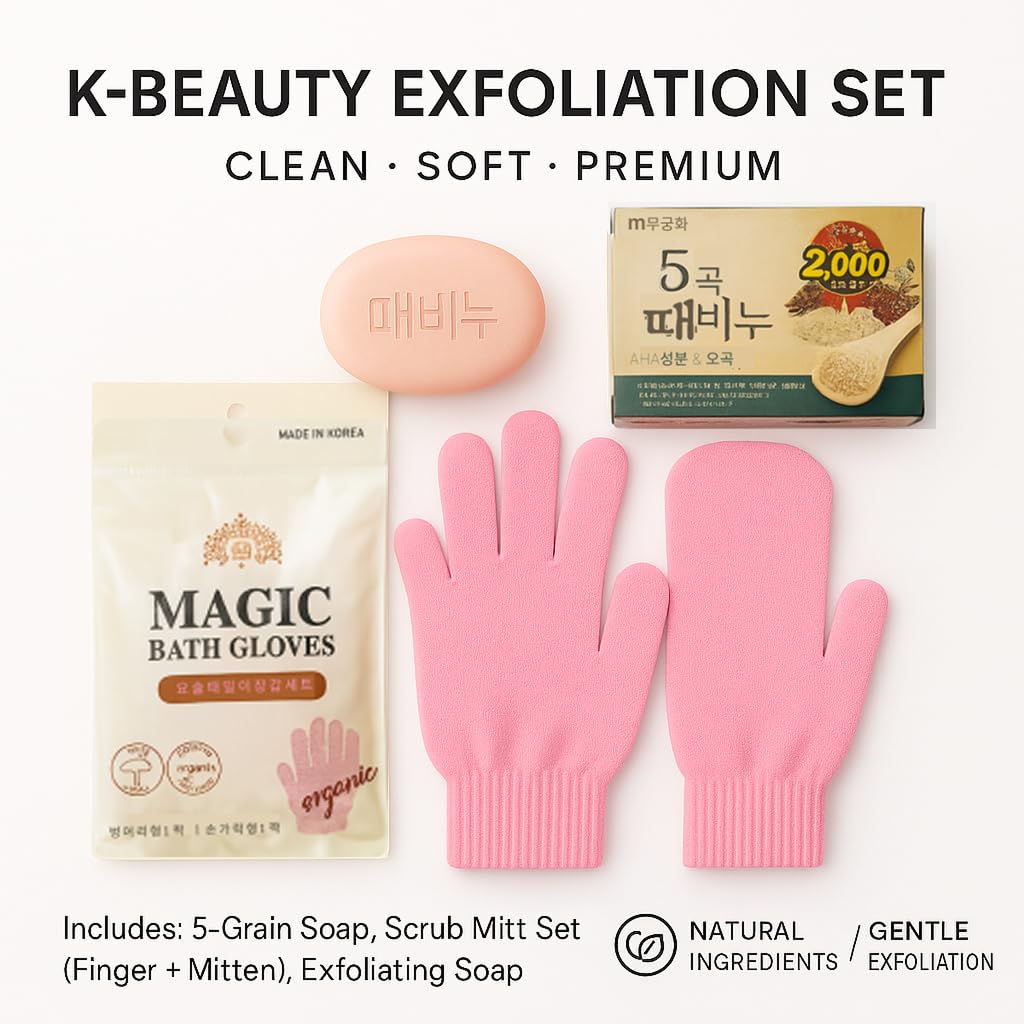 Exfoliating Mitt Glove for Dead Skin – Smooth Body Scrub Shower & Bath Set with Korean Finger + Mitt Combo & 5 Grain AHA Soap Set– Skin Care Exfoliator Gloves & Bar