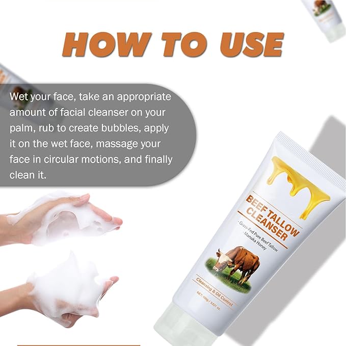 Beef Tallow for Skin Face Wash, Grass Fed Hydrating Facial Cleanser Skincare, Anti Aging Exfoliating Facial Cleanser, Beef Tallow for Face Exfoliating Facial Wash