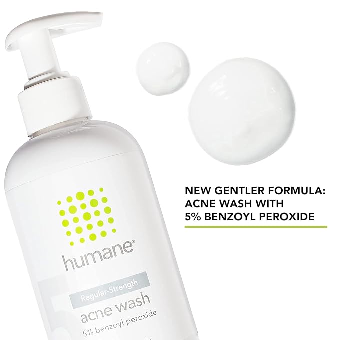 humane Benzoyl Peroxide Acne Face Wash - 5% Regular-Strength Acne Treatment for Face, Skin, Back and Body - 8 Fl Oz - Dermatologist-Tested Non-Foaming Cleanser - Vegan, Cruelty-Free