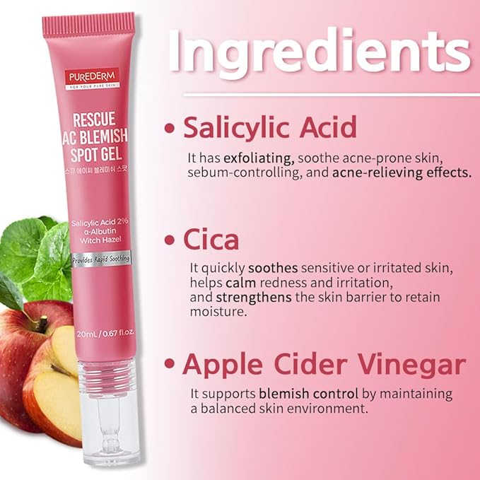 Purederm Blemish Spot Treatment Gel with Salicylic Acid 2%, Soothing Acne Care for Irritated Skin, Day & Night Use, 20ml