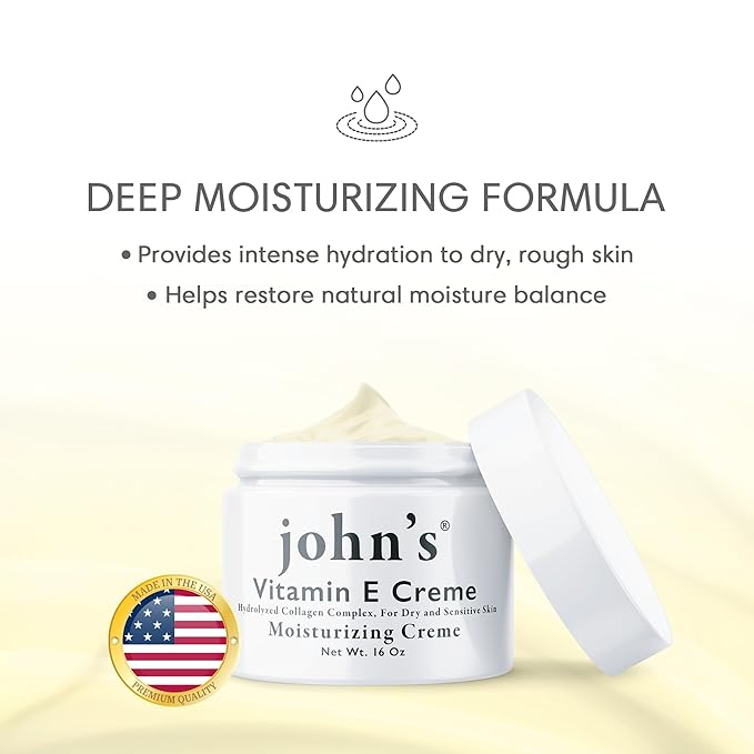 John's Vitamin E, A & D Moisturizer – 16 oz Skin Cream with Hydrolyzed Collagen & Aloe for Dry, Sensitive Skin – Vitamin Cream for Face & Body – Paraben-Free Vitamin E Creme