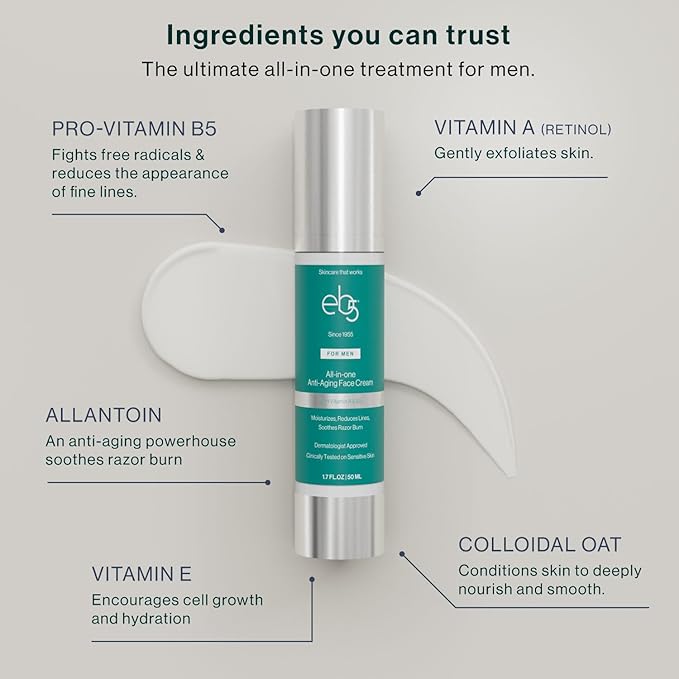 eb5 Men’s All-in-one Anti-Aging Face Cream | Formulated with Retinol, Vitamins E, B5, and A to Moisturize, Reduce Lines and Soothe Razor Burn - 1.7 Fl Oz