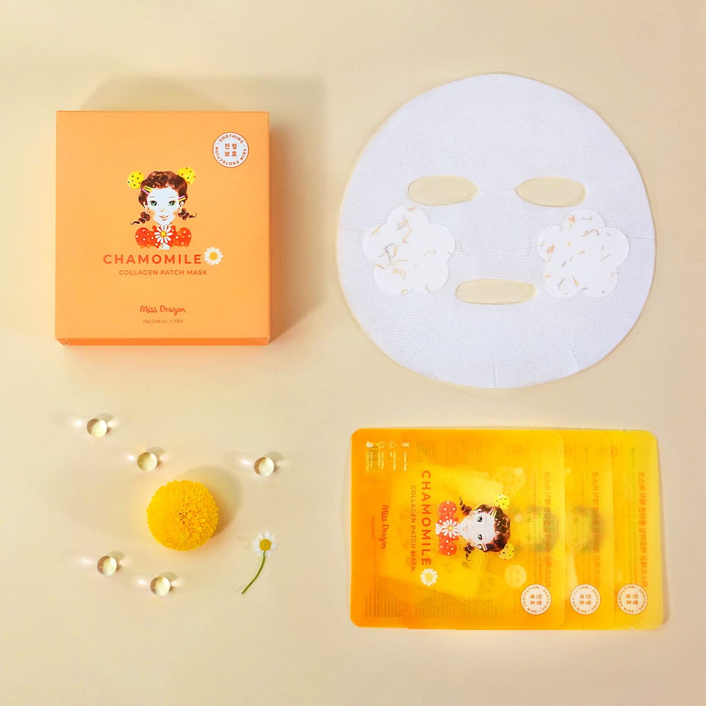 miss dragon Chamomile Collagen Patch Mask (10 Pack) – Cruelty Free Collagen Korean Skincare Facial Cotton Sheet Mask for Sensitive Skin