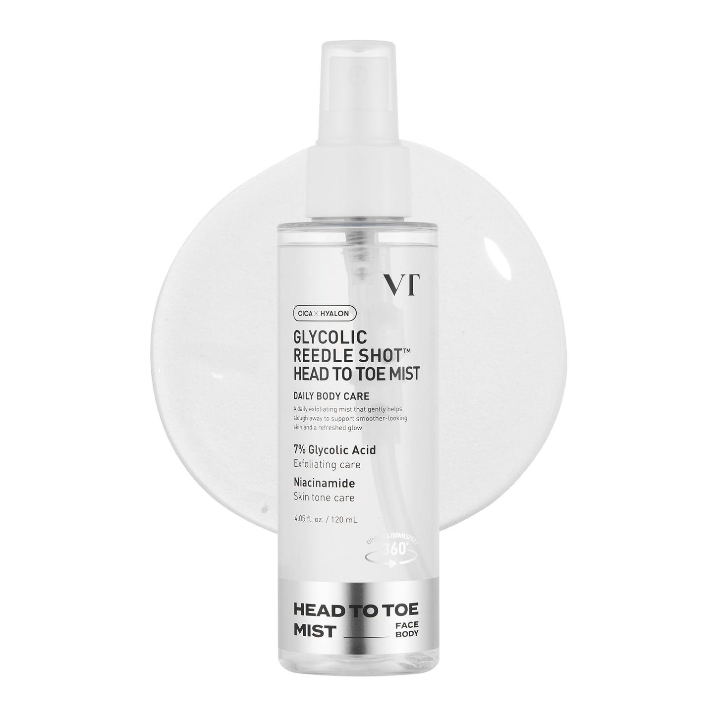 VT COSMETICS 7% Glycolic Acid Reedle Shot Head-to-Toe Mist with Niacinamide, Exfoliating Spray for Bumpy & Strawberry Skin, Dark Spots, Skin Texture, Keratosis Pilaris, Korean Skincare (4.05 fl oz)