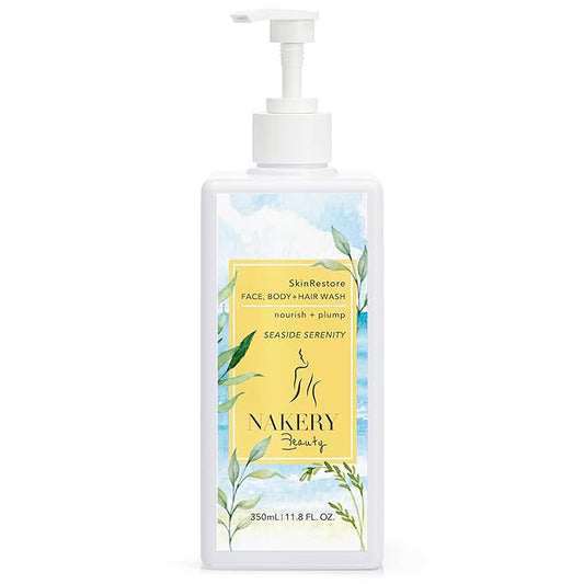 Nakery SkinRestore Hydrating Face & Body Wash with Hyaluronic Acid - Body Wash for Sensitive Skin - Foaming Face Wash & Oil Cleanser for Women 350ml - Sulfate Free & Cruelty Free - Seaside Serenity