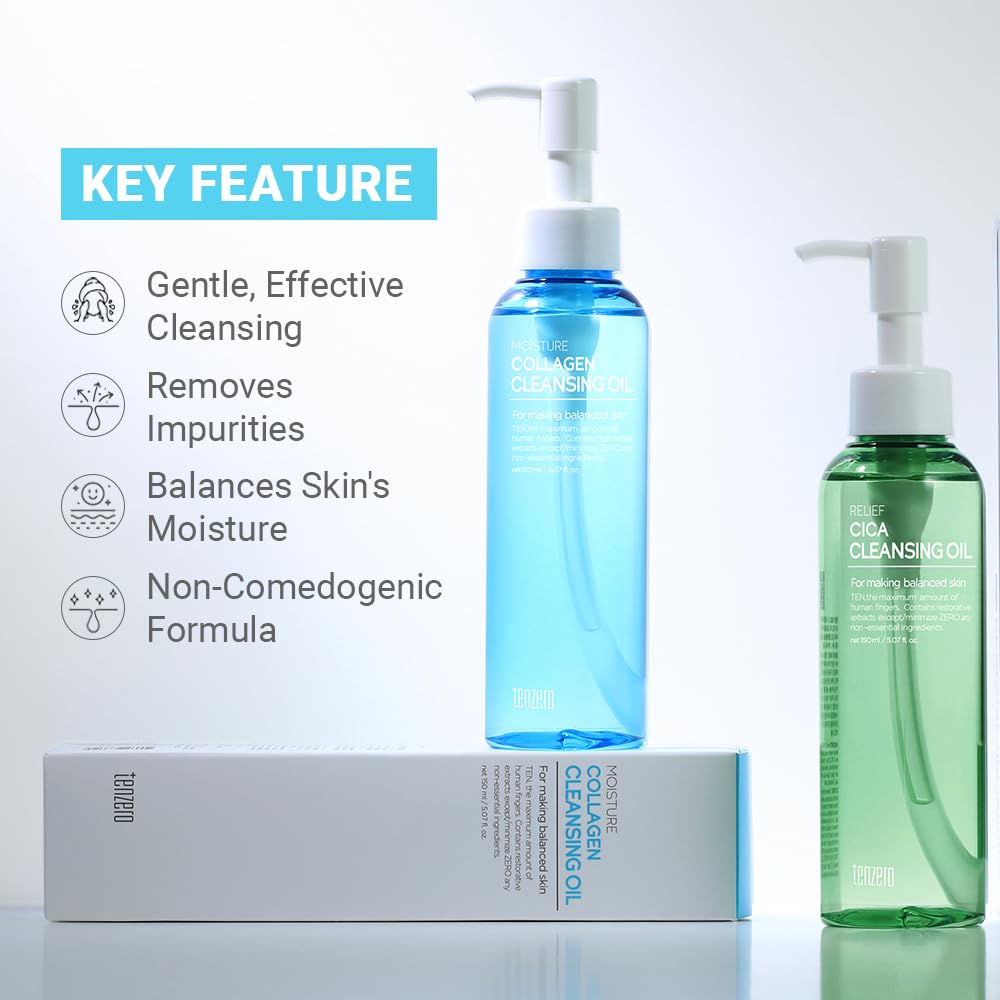 tenzero Moisture Collagen Cleansing Oil 5.07 fl oz (150ml), Hydrating, Daily Makeup Blackhead Remover for Face, Pore Control Oil Cleanser, Korean Skincare, Double Cleansing