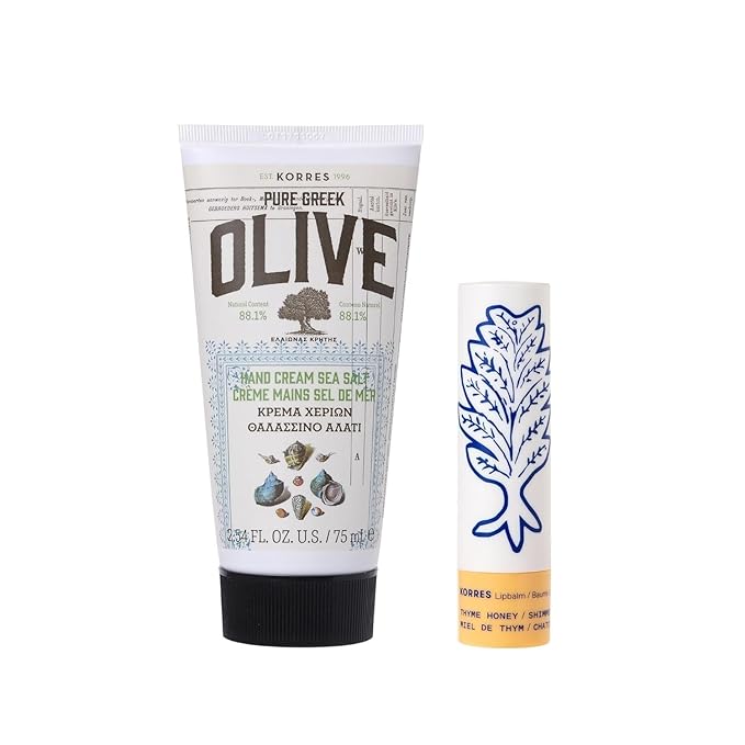 KORRES Winter Essentials Hand and Lip Care Set, Olive Sea Salt Cream 2.54 Fl Oz & Thyme Honey Balm 0.15 Oz, Moisturizing Gift for Men Women, Botanical Formula, Softens Skin, Seasonal Duo, Holiday Set