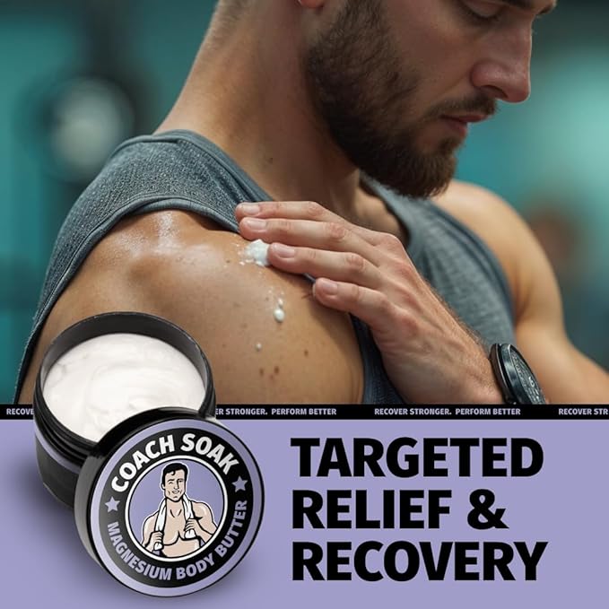 Coach Soak Nighttime Magnesium Body Butter, Thick Cream with High Magnesium Concentration, Soothes Muscles Overnight, Shea Butter, Almond Oil & Lavender, Large Size (8oz)