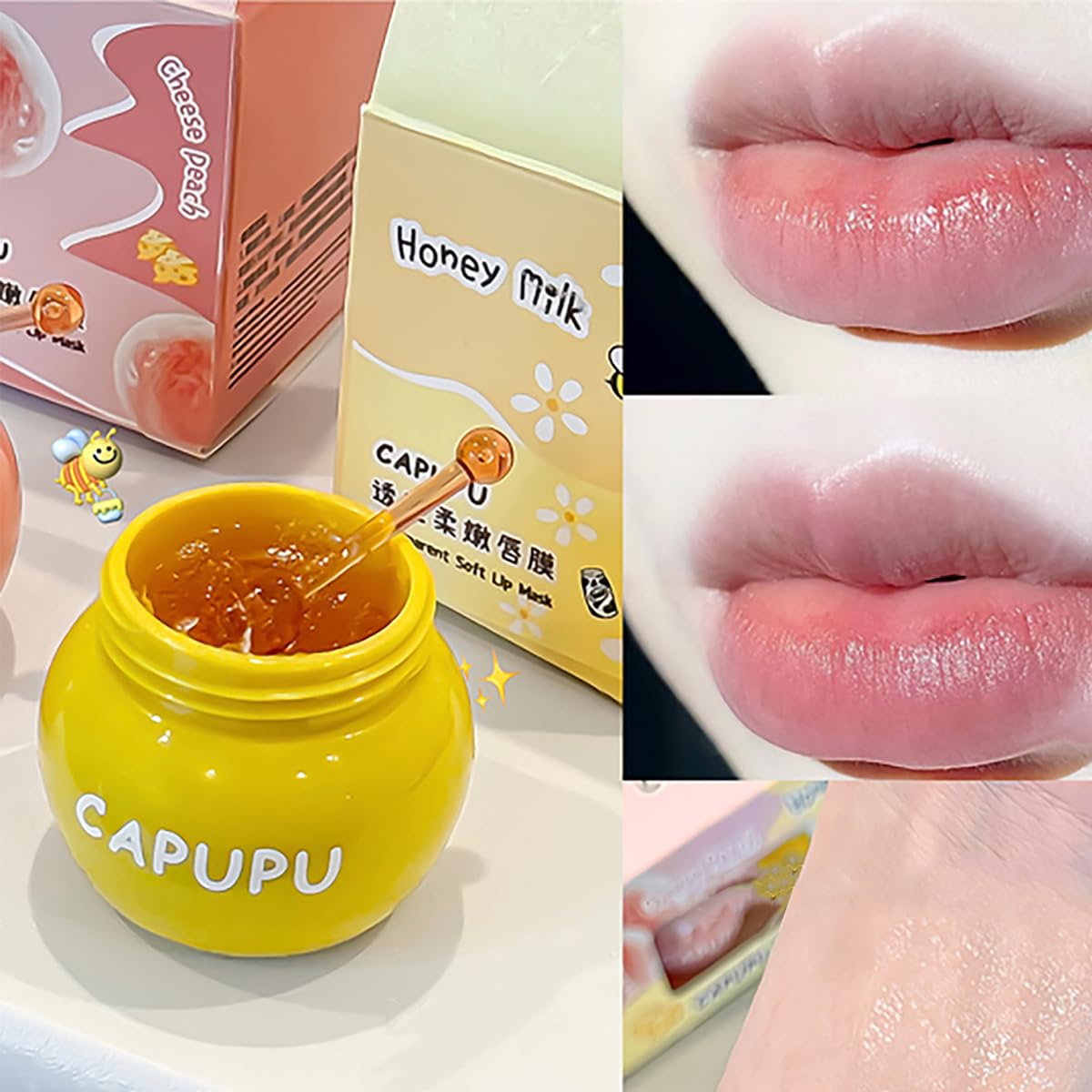Baorder 2PCS Bee Lip Balm Honey Pot,Hydrating Honey & Peach Lip Mask,Moisturizing Lip Sleeping Prevention Dry and Cracked, Reduce Lip Lines