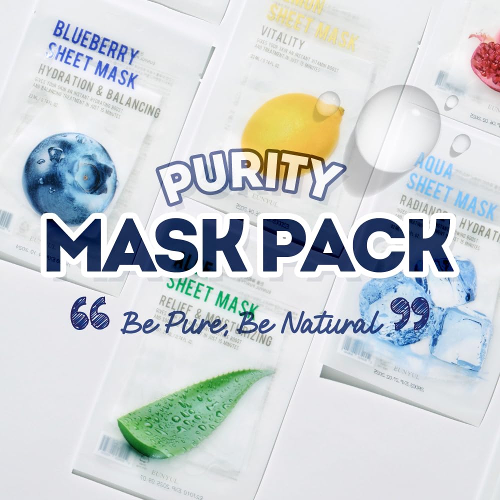 EUNYUL [PACK OF 16 Purity Facial Sheet Mask Pack 16 types Korean Skincare Hydrating & Nourishing & Natural Ingredients for All Skin Type