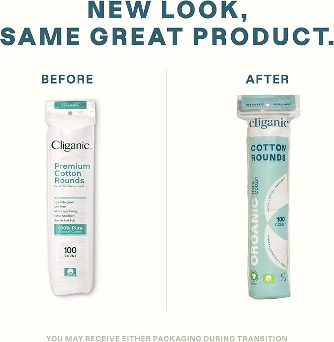 Cliganic Organic Cotton Rounds (500 Count) Makeup Remover Pads, Hypoallergenic, Lint-Free | 100% Pure Cotton (Packaging May Vary)